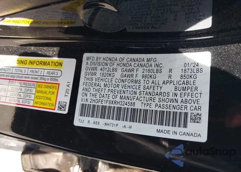 2024 Honda Civic Touring z USA, uszkodzony, nr VIN 2HGFE1F9XRH324588